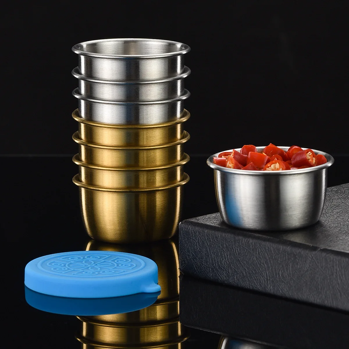 Onsin 50ml Stainless Steel Round Silicone Lid Sauce Cup Sealed Fresh-keeping Lunch Box Outdoor Camping Snack Boxs