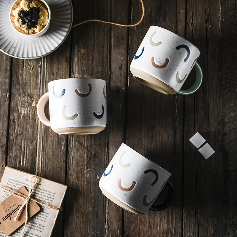 Customized Vintage Style Spotted Stoneware Mug Smile Design Color Glaze Ceramic Coffee Cup Pottery Mugs Clay Cup for Gifts