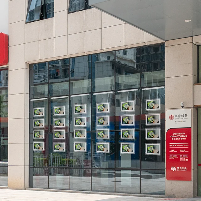 Real estate window shop display hanging double sided LCD signage and LED light box store advertising LCD display