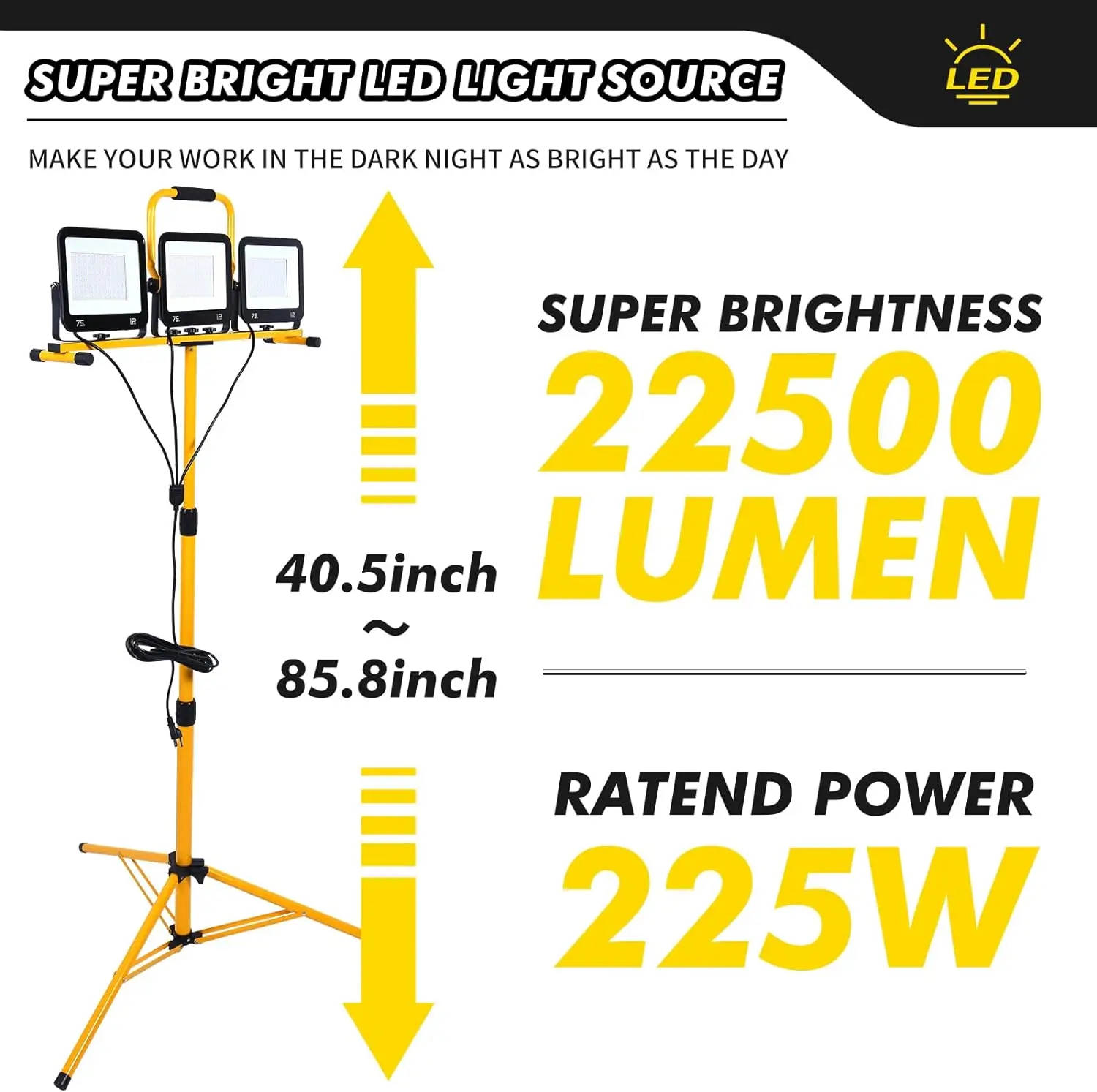 Adjustable and Foldable Tripod Stand 225W 22500 Lumen  Three Head LED Work Light with Individual Switch Lights