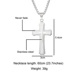 Big Titanium Steel Cross Pendant Necklace for Men Teen Boys Jewelry Three Layers Jesus Cross Crucifix Necklaces with Box Chain