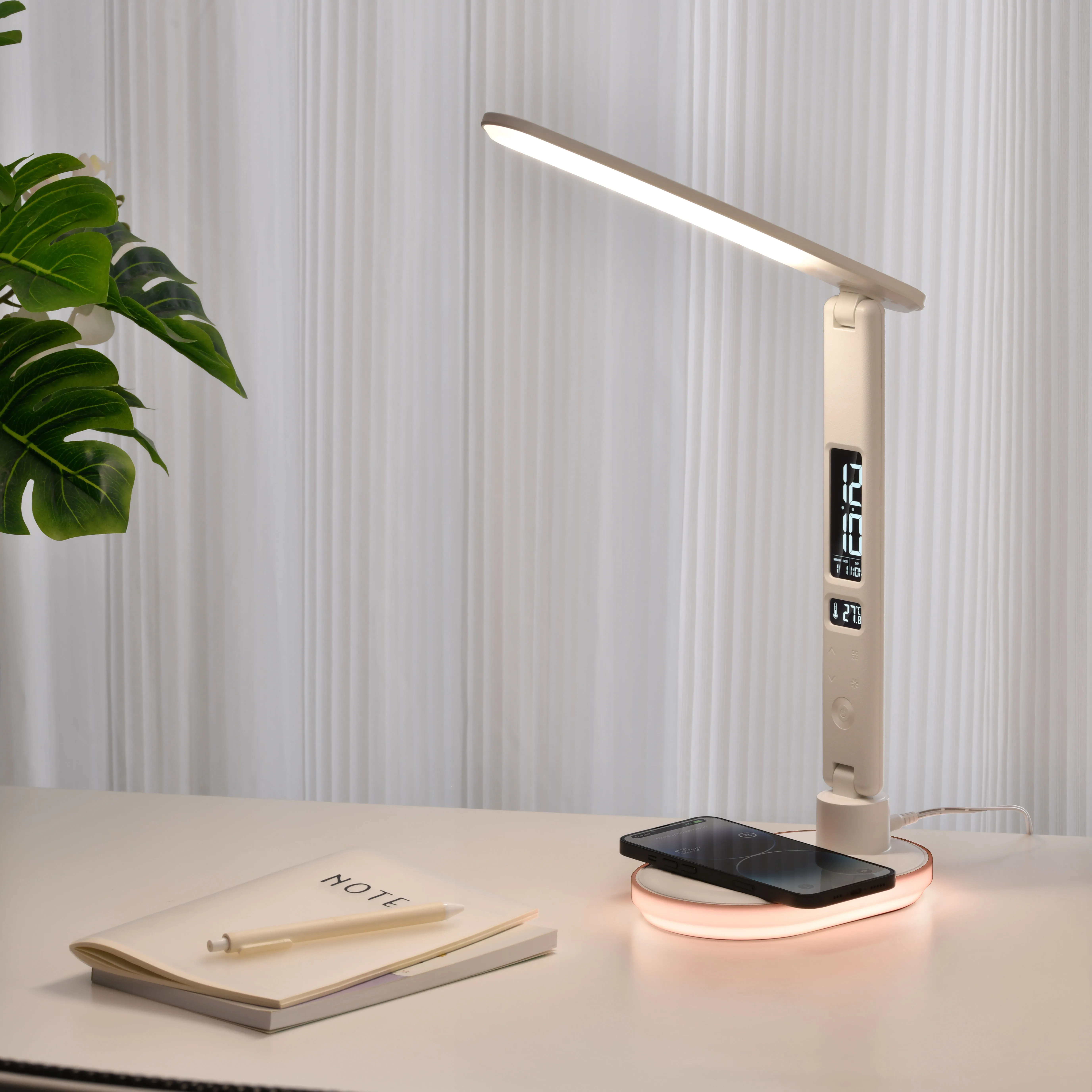 New arrival multifunctional wireless charger lamp touch dimmer reading lamp with calendar display and usb charging output