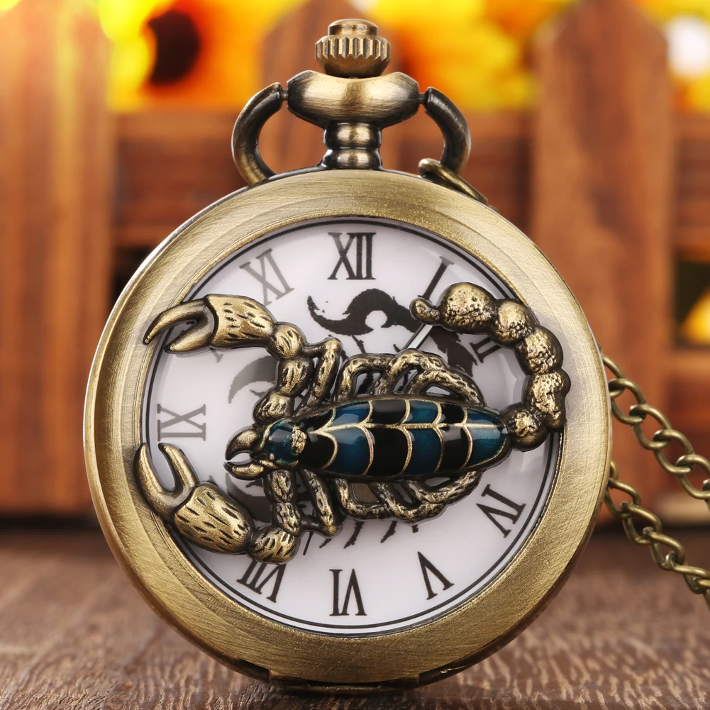 Retro Metal Jewelry Clock Necklace Chain Steampunk 3D Scorpion Pendant Pocket Watch