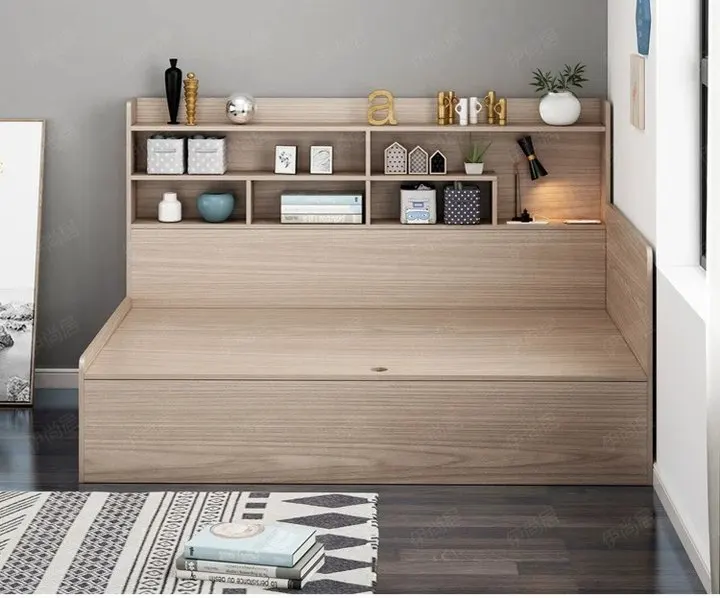 Modern minimalist multi-functional solid wood girls bed with shelves home bed frame king size set furniture bedroom