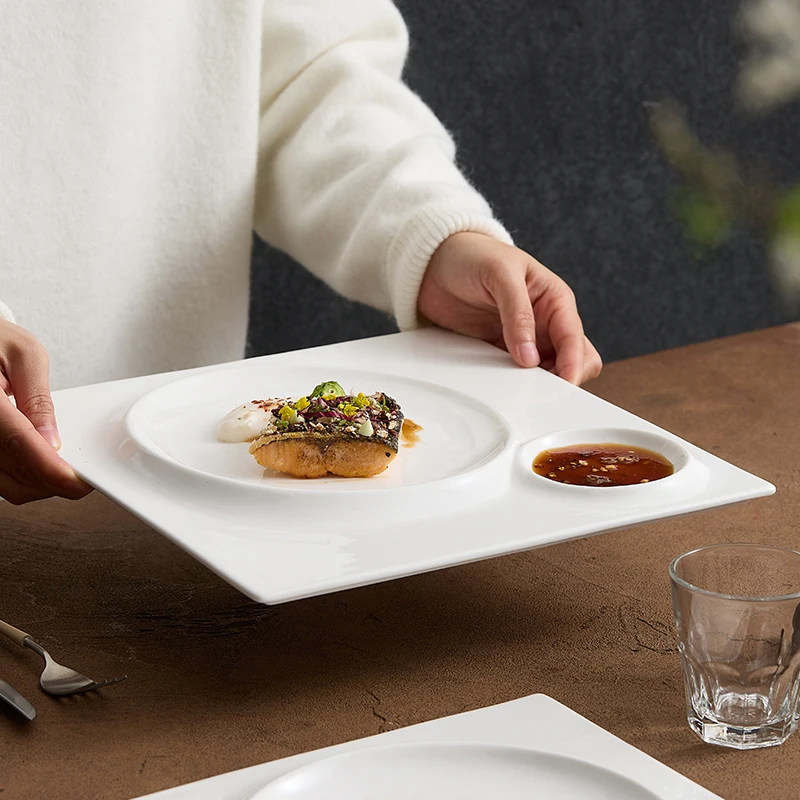 Shrimp plate with vinegar dish water dumpling plate White Chinese ceramic square plate hotel special dish