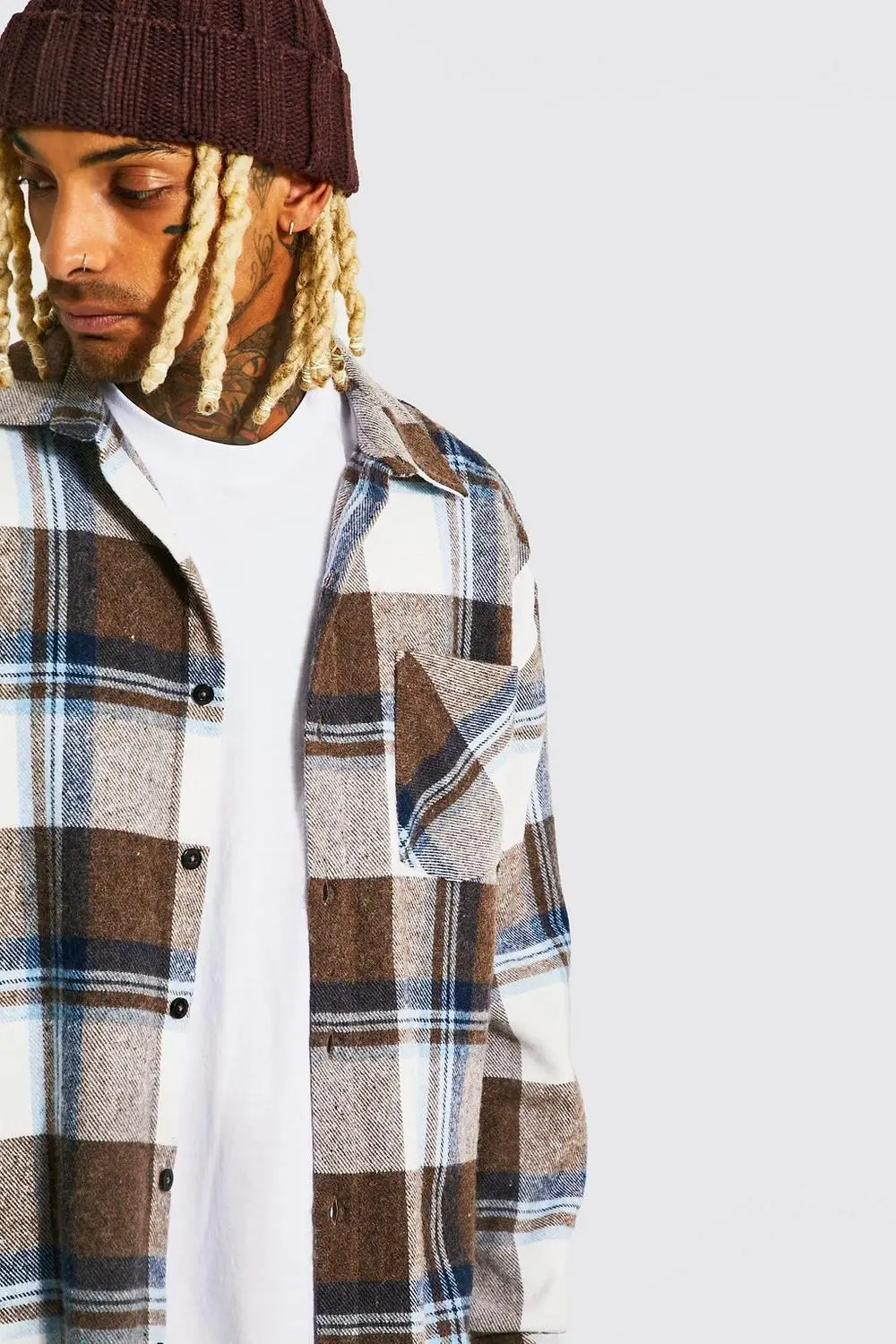 Autumn Casual Dark Color Plaid Pattern Flannel Nice Trending Full Sleeve Polyester Spandex Check Shirts For Men Street Wear