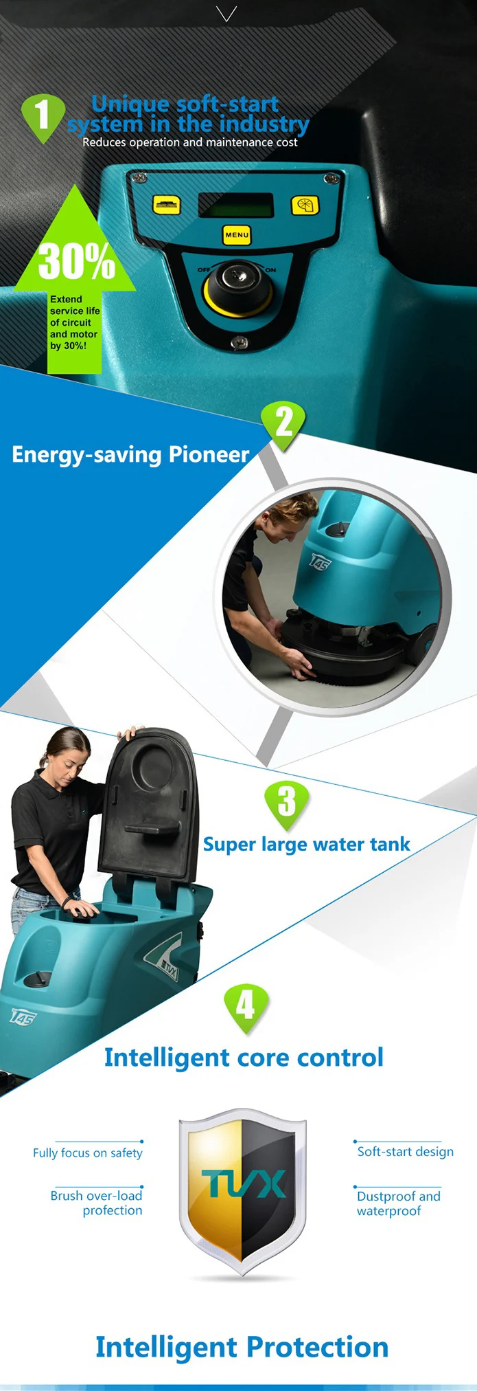 TVX T45 50B floor scrubber machine easy diversion larger cleaning area easy operation