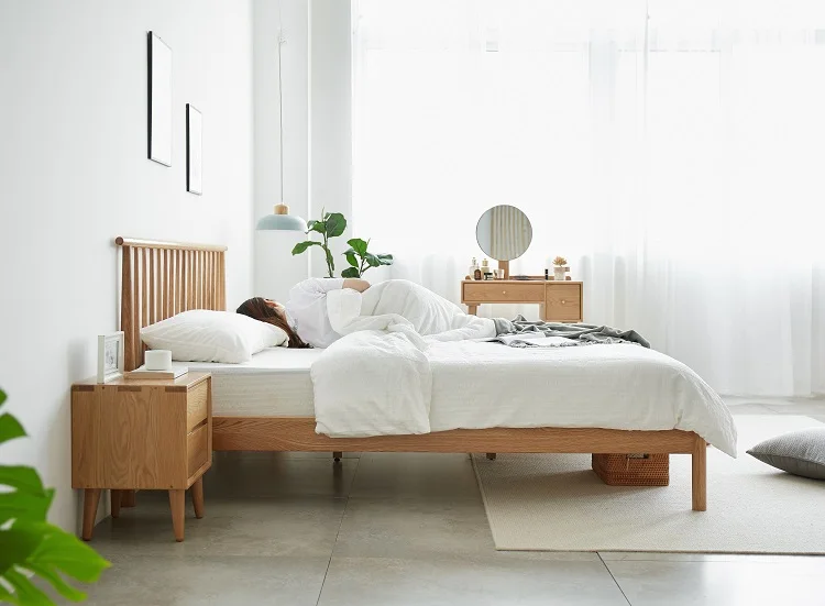 A1013 Simple modern style solid OAK wood Vertical bar bed set queen king size bed designer furniture