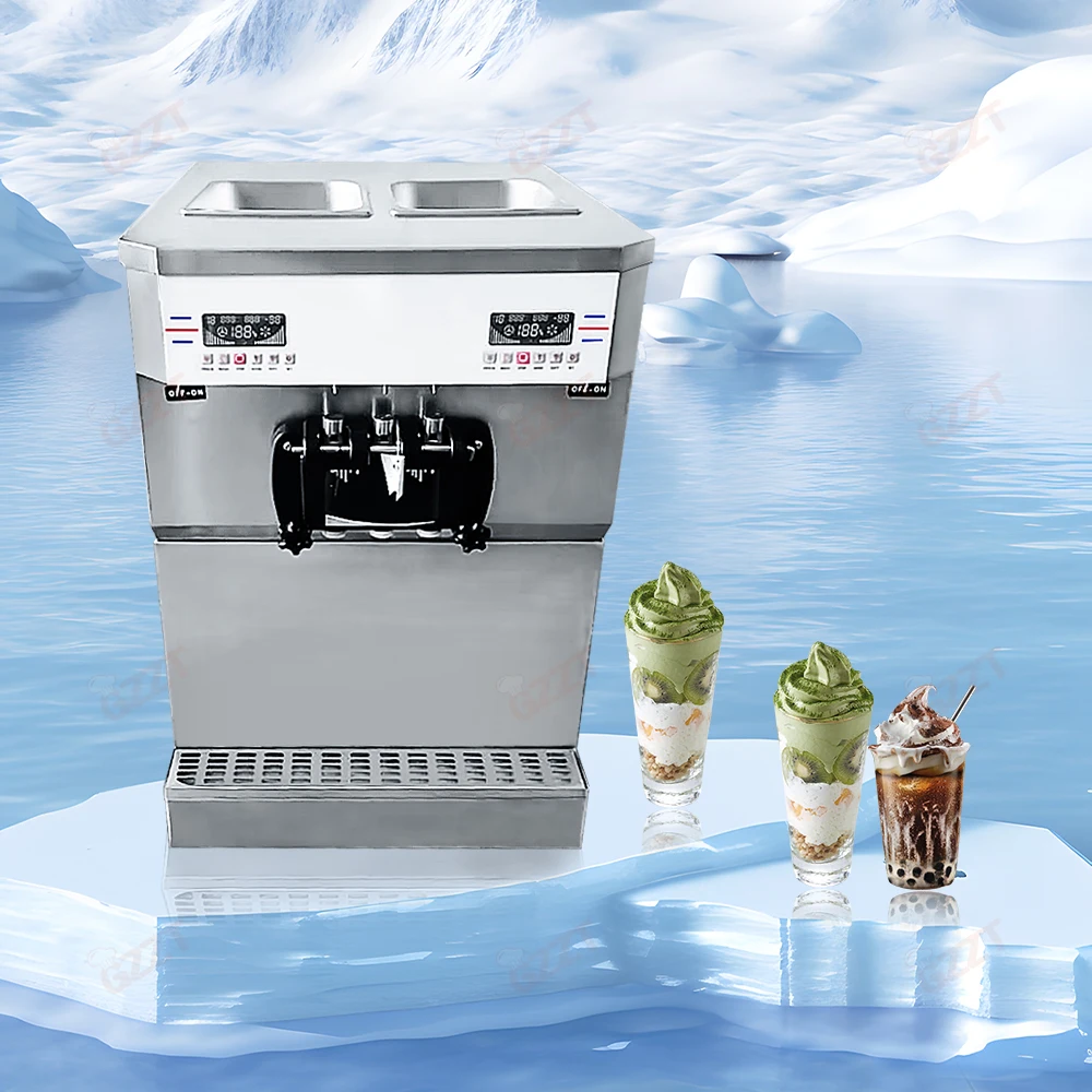 Counter Top Vertical Dual System Three Flavor Soft Serve Ice Cream Frozen Yogurt Making Machine Pre-Cooling 7 days Keep fresh