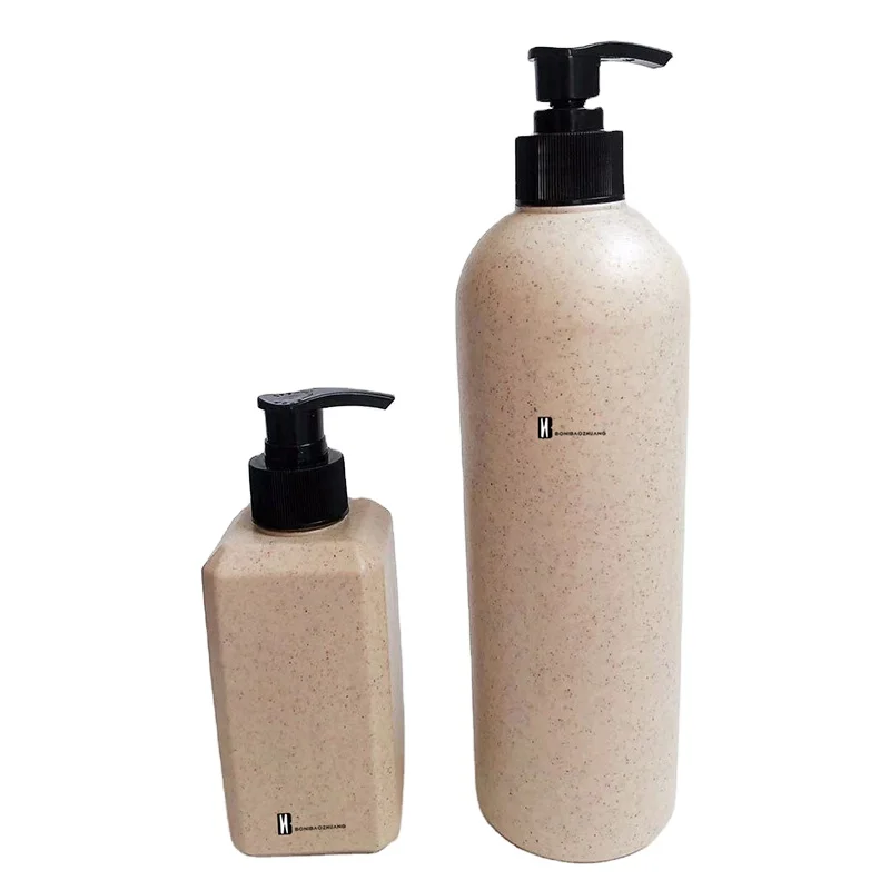 In stock biodegradable cosmetic packaging 100ml 250ml 500ml wheat straw HDPE round shampoo bottle with black pump lid