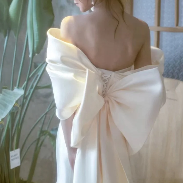 2023 Spring and Summer Bride French Simple Bow Wedding Dress One Shoulder Satin Mermaid Dresses Bohemian Lace-up Wedding Dress