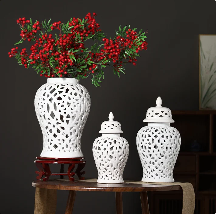 Pierced Ginger Jar with Lid Ceramic Flower Vase Carved Lattice Decorative Temple Jar White Ginger Jars for Home Decor