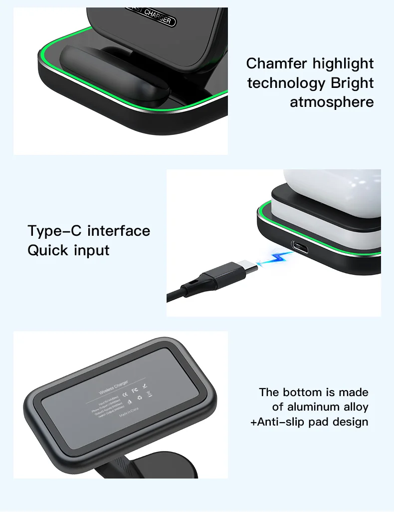 Hot Selling Customized 3 in 1 Wireless Charger For Mobile Phone 18W Double Magnetic Fast Charging Station With LED Light
