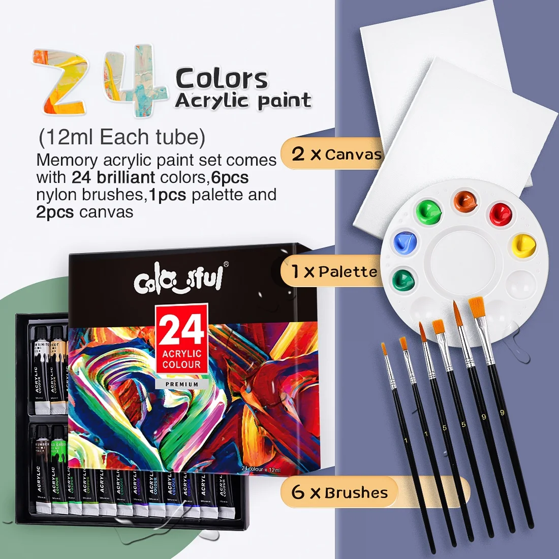 Lanpo Craft Acrylic Paints Set with 6 brushes ,1 palette 24 Colors Art Painting Kit for Wood,Canvas,Fabric,Rock,Glass