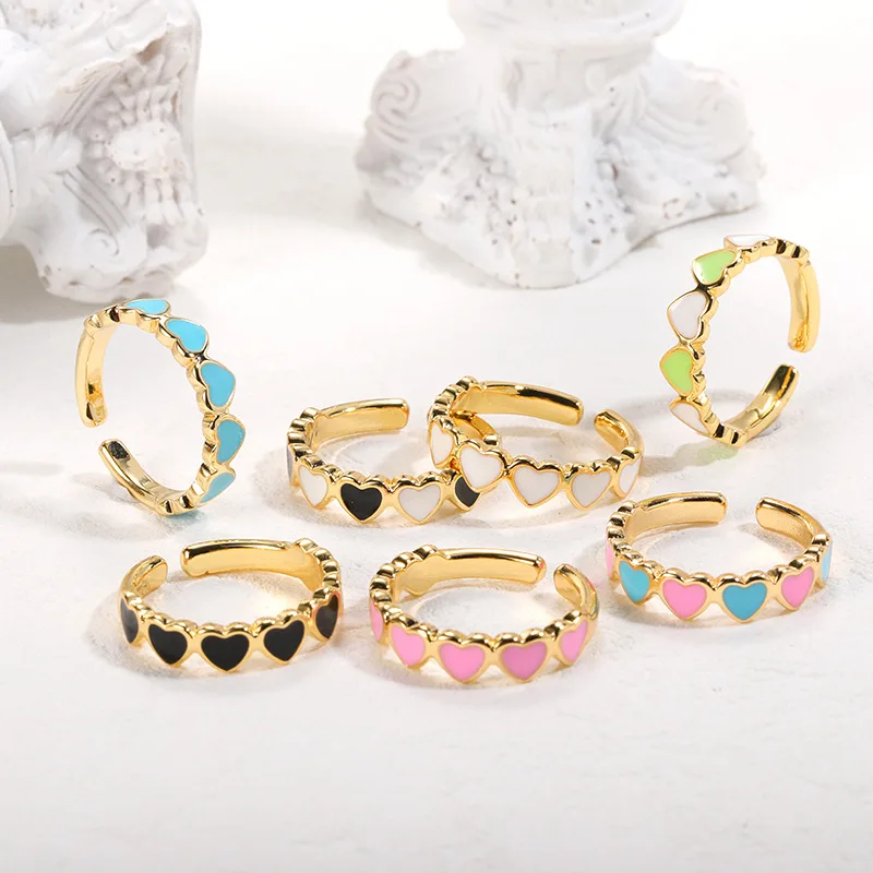 Simple Copper Gold Plated Colorful Enamel Love Heart Finger Ring Cute Drip Oil Heart Open Adjustable Rings For Women Girls
