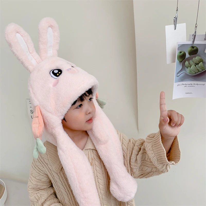 New Style Popular Lovely Ear Moving Long Ear Rabbit Bunny Hat Plush Animal Head Hat With Paws Gift for Girls Holiday