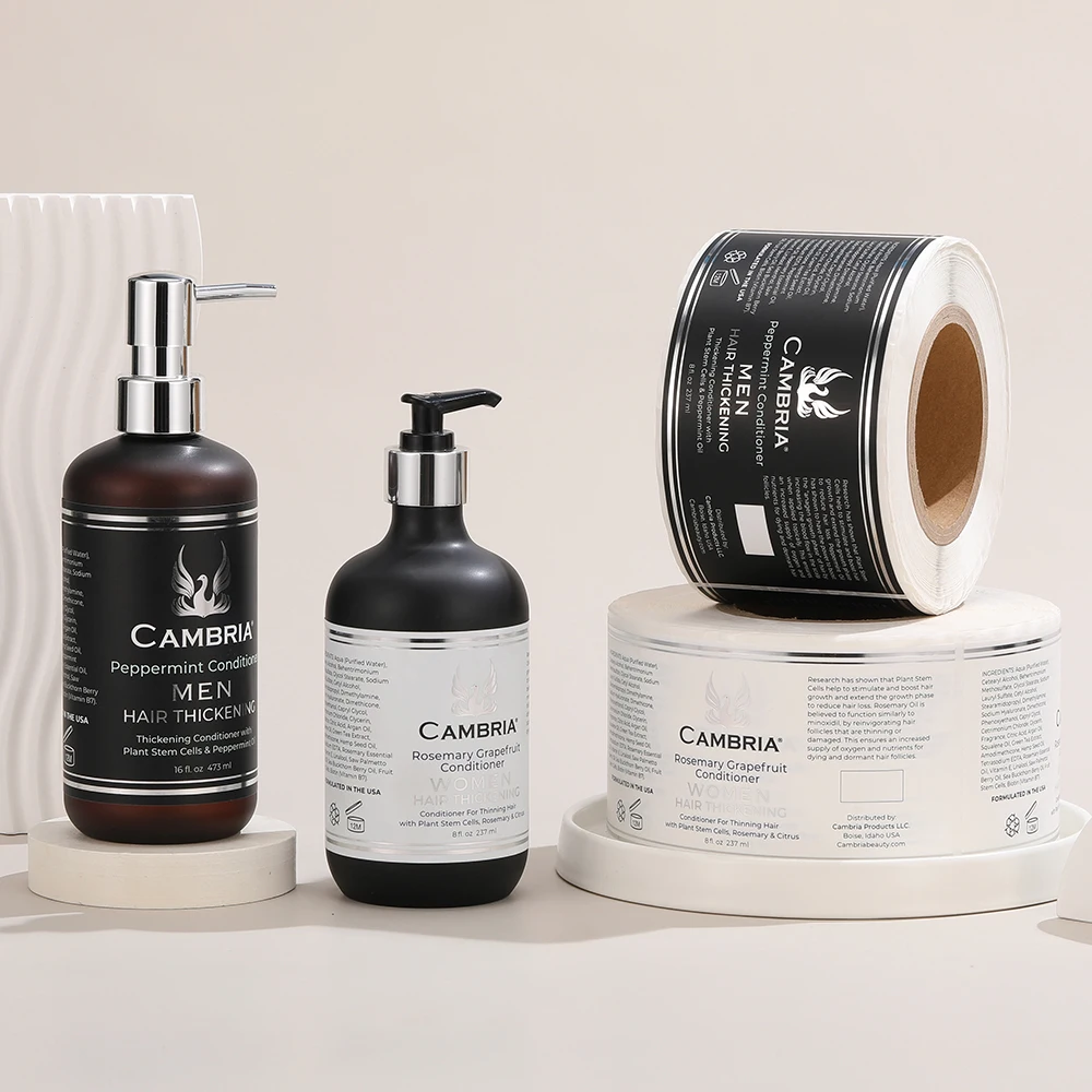 Custom logo printing silver foil sticker shampoo bottle cosmetic labels adhesive paper stickers roll for packaging