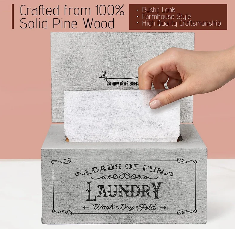Dryer Sheet Holder with Hinged Lid Rustic Farmhouse Container Fabric Softener for Laundry Organization/Storage,Non-Slip Bottom
