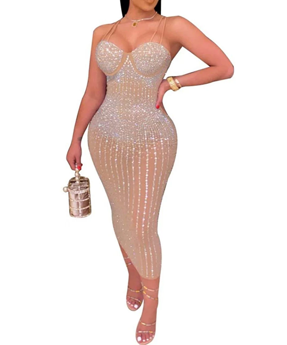 Custom Wholesalelong Crystal Dress Women Rhinestone Pearl Mini Dress Sexy Rhinestones Dress