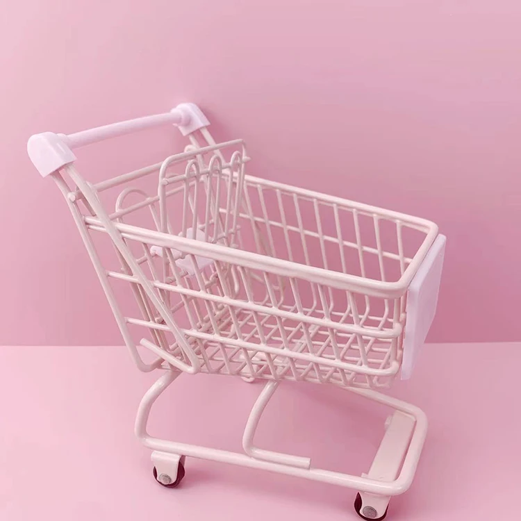 Wholesale High Quality Creative Mini Carrito De Compras Pink Metal Desktop Decoration Kids Mini Trolley Shopping Cart