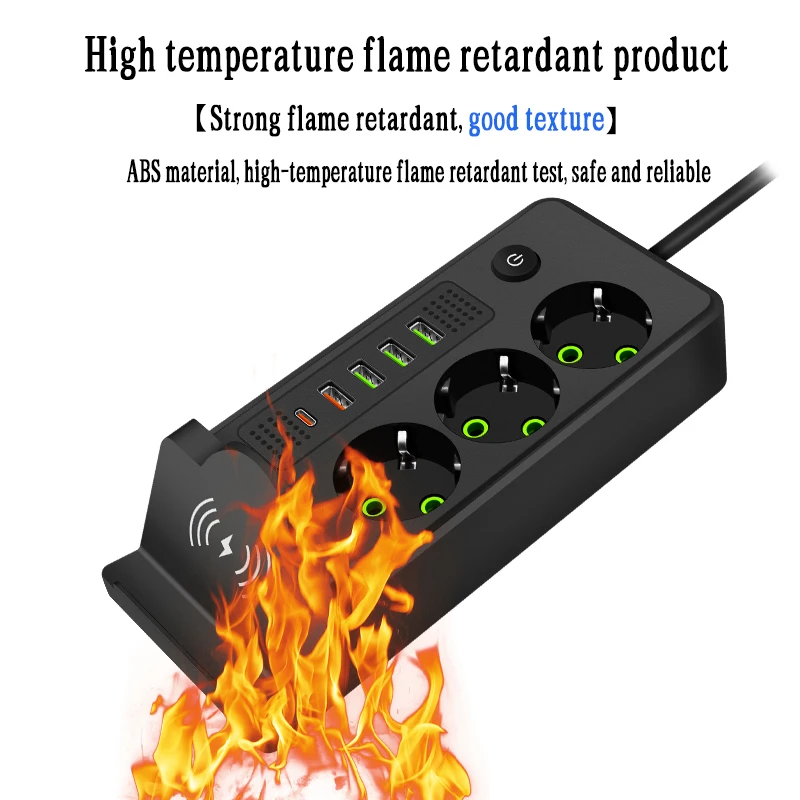 Wireless Charger Extension Socket 3 Way German Plug Adapter Schuko Type C Charging Electrical USB Power Board Outlet