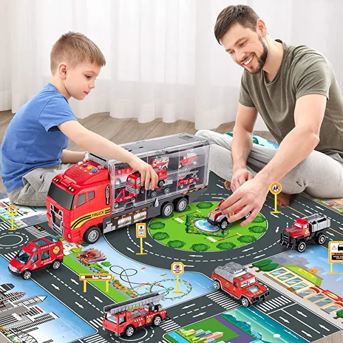 Die-cast Emergency Fire Rescue Vehicle Transport Car Toy Set w/Play Mat, Alloy Metal Fire Truck Toys Set