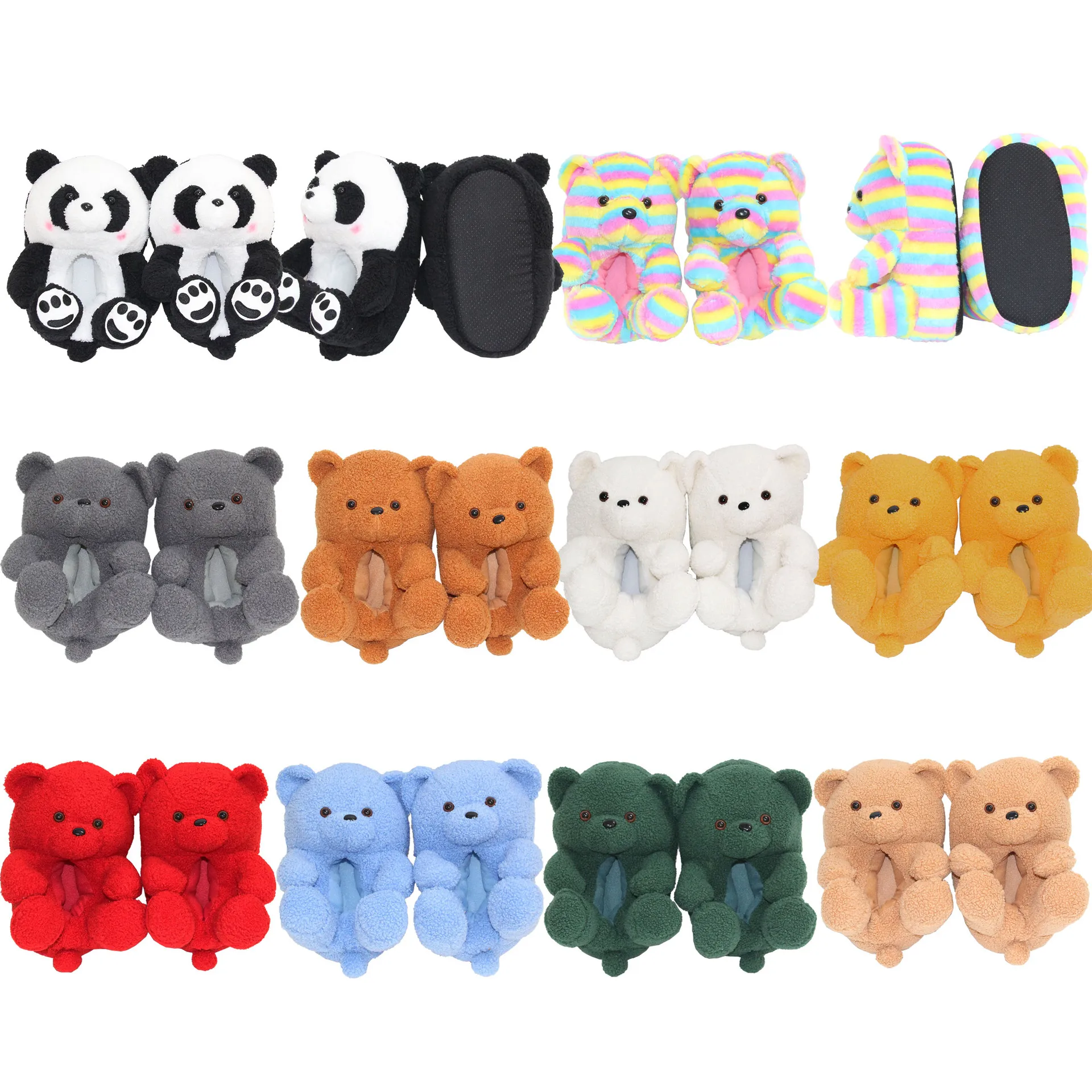 Hot Wholesale Drop Shipping Furry Women Teddy bear Slipper Rainbow Red Purple Plush Teddy Bear Slippers