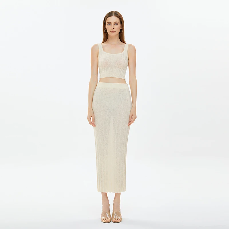 2024 White Knitting Backless Viscose Tops Skirt Two Piece Set Summer Club Women Spaghetti Strap Crop Top Mini Skirt Sexy Suit