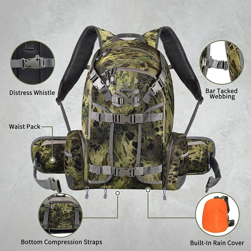 YOUK Durable Camouflage Hunting Backpack with Extendable Rain Cover Large Capacity Turkey Vest Waist Belt for Outdoor Hunters