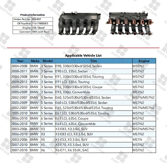 Car Engine Plastic intake manifold 11617789288 11617800586 7789288 7800586 7800585 for BMW 3S 5S 6S X3 X5 X6