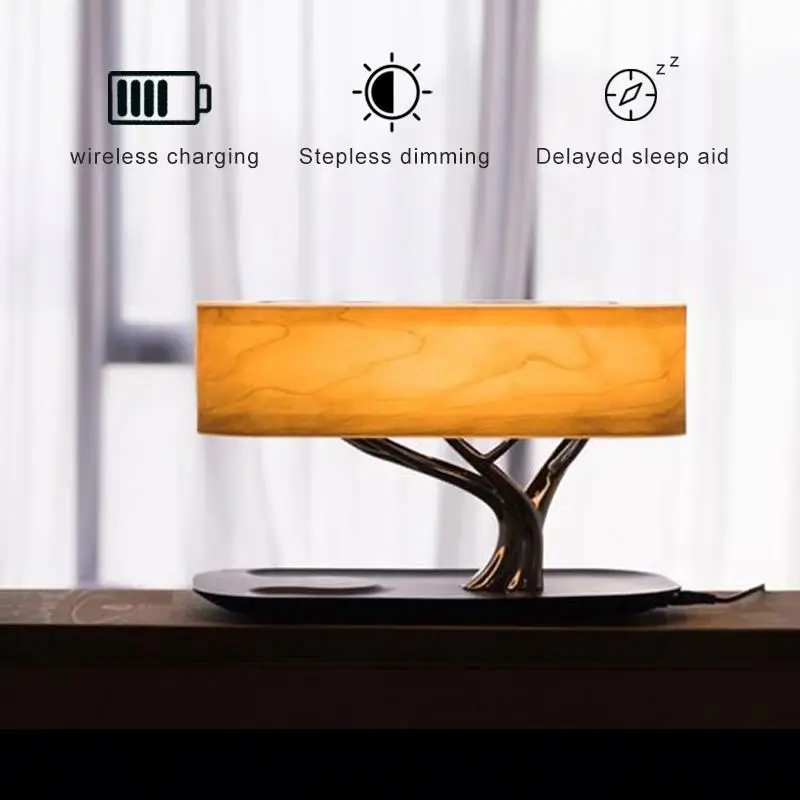  Многофункциональная настольная лампа Hometree деревянная для спальни с динамиком и беспроводной зарядкой
