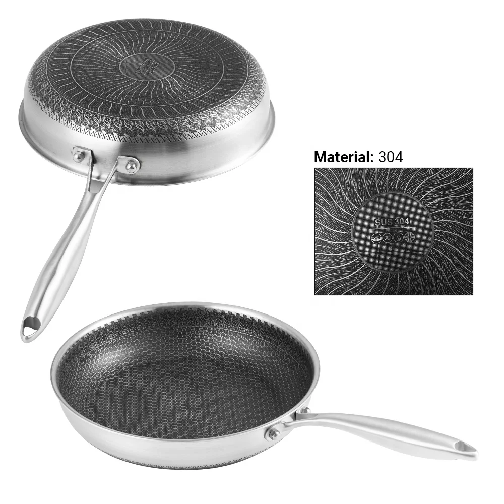 Professional Quality Custom Korean Kitchen 18/8 Tryply Stainless Steel Non Stick Honeycomb Round Stir Frying Pan