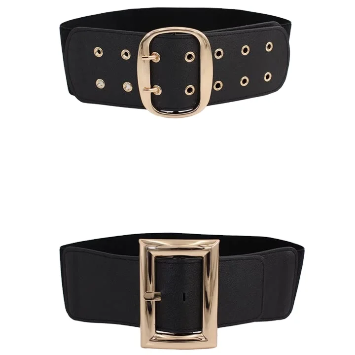 Trade Assurance Black Fashion 7 cm Wide Pin Buckle PU Leather Ladies Waist Belt with Rhinestone
