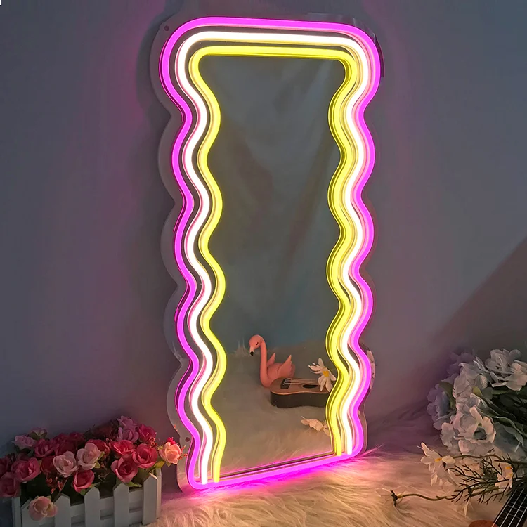 Large Discounts Custom Logo Letter Bedroom Kids Room Beauty Lounge Bar Light Vintage Wavy Pink Mirror Neon Sign