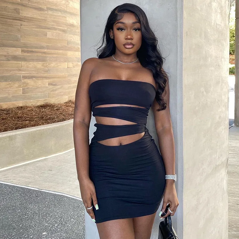 New Lady Clothing Women Summer Dress Hollow Out Sexy Mini Skirt High Waist Black Club Dress