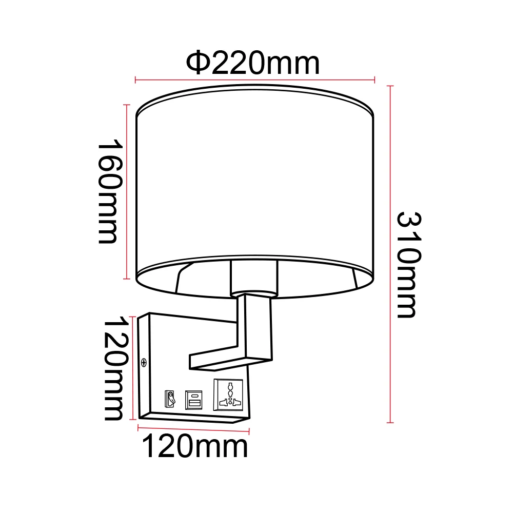 New LED Creative Wall Light Fabric Hotel Bedside Lamp Fabric wall Lamp with AC outlet and USB Charging ports