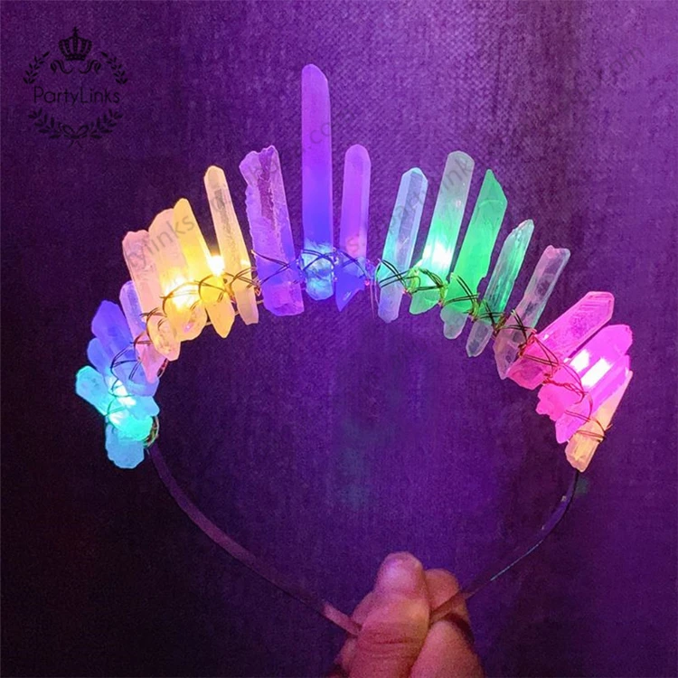 European Princess Vintage LED Flashing Tiara Crown Raw Crystal Colorful Hair Hoop Women Halloween Christmas Headpiece