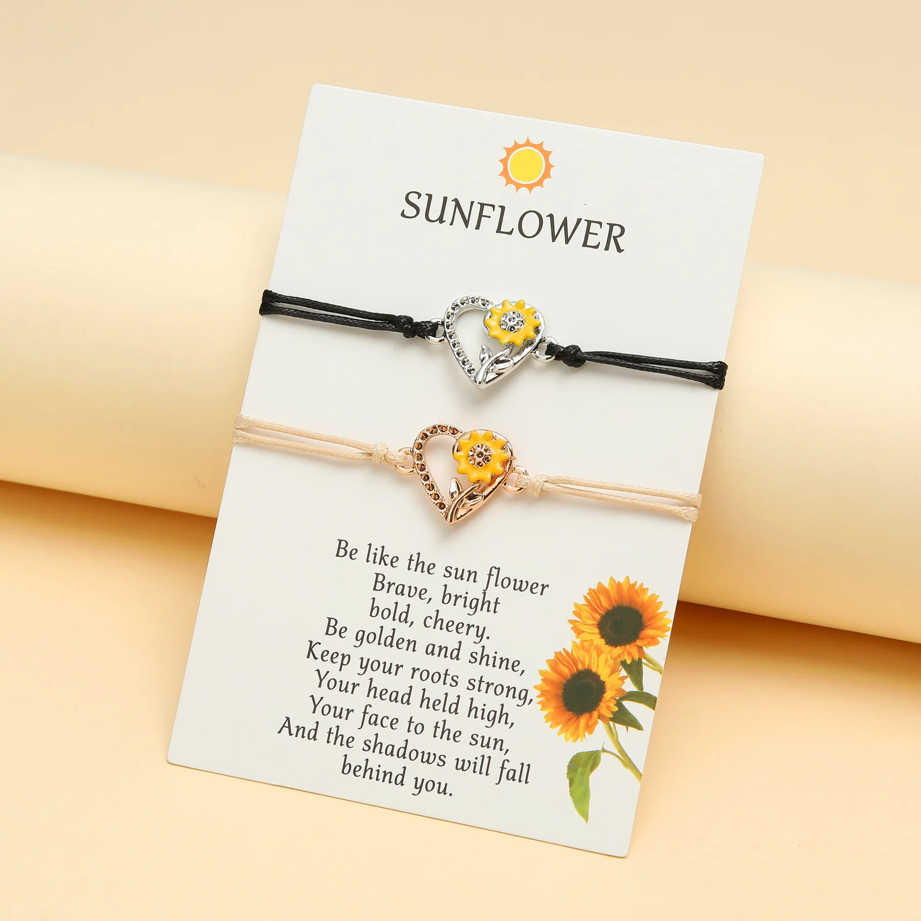 New Alloy Sunflower Sunflower Daisy Bracelet Wax Wire Woven Friendship Card Bracelet Heart Flower Shape Bracelets Bijoux Gifts