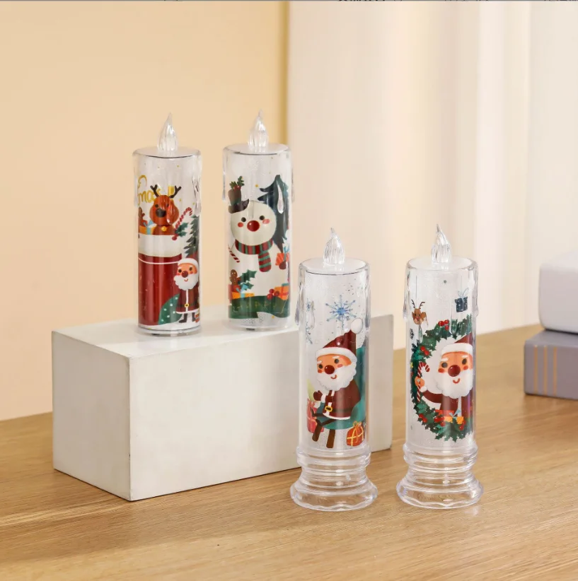 Christmas Flameless Candle Santa Claus Snowman Decals Battery Operated Xmas Themed LED Candles Festival Holiday Decorations
