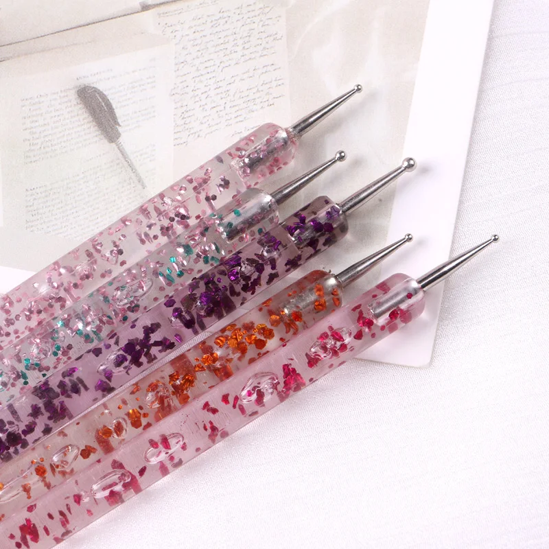 TSZS Professional Colorful Acrylic Nail Art Two Head Brush Dotting Pen 5pcs Set Glitter Handle Nail Picker Dotting Pen Tool