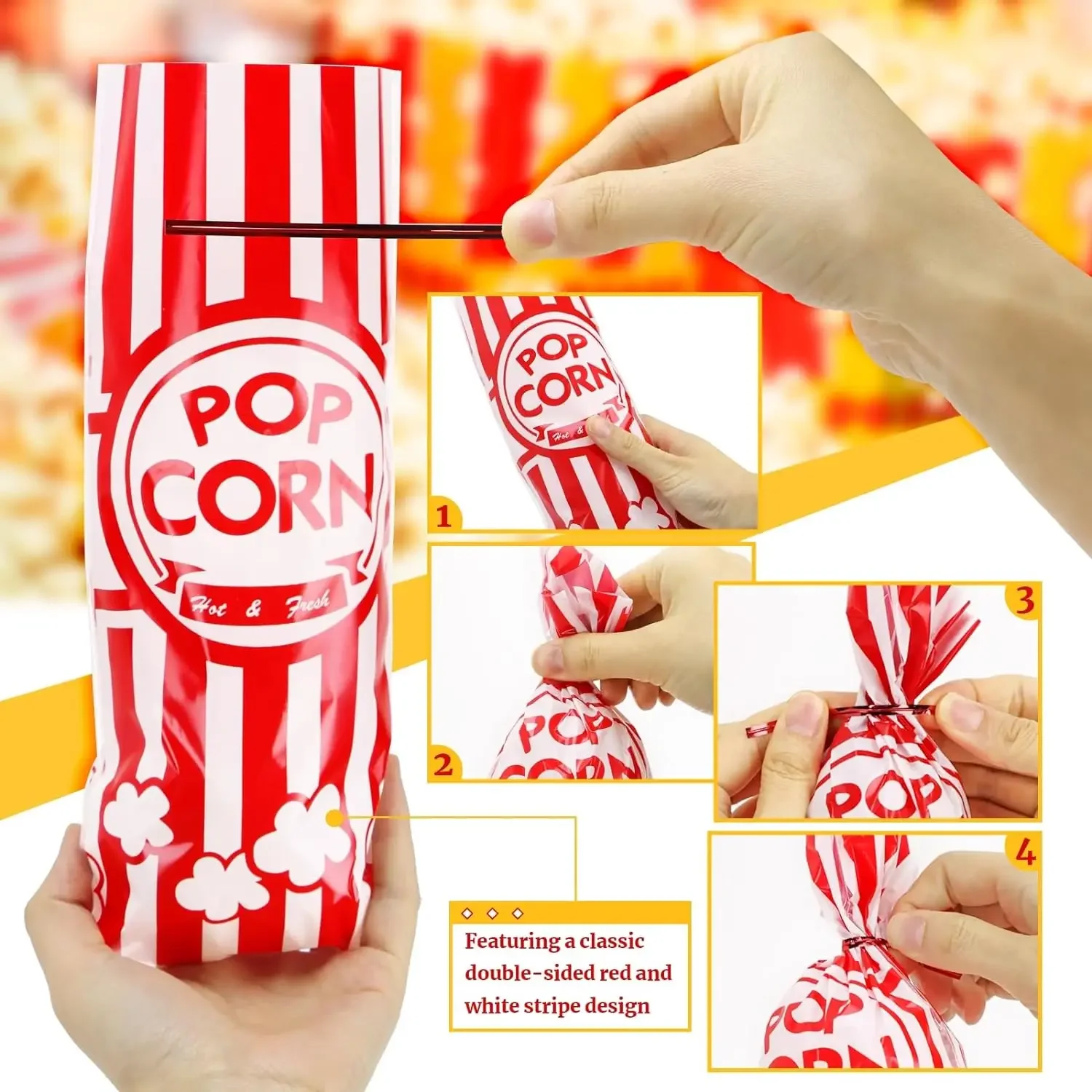 50pcs Plastic Popcorn Bags with Twist Ties Candy Bags Red White Stripe Snack Treat Goodie Bags for Movie Theater Circus Party