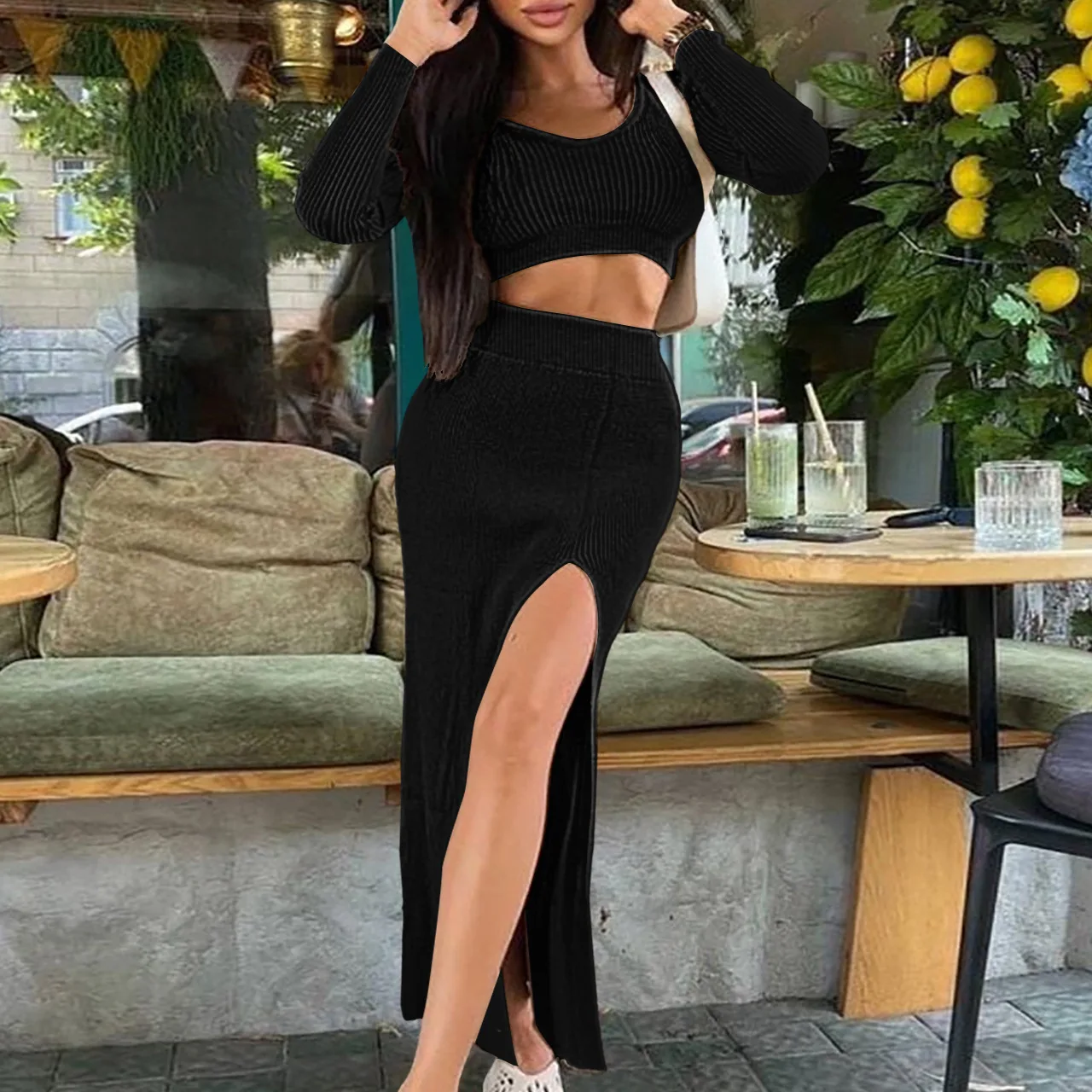 Latest Design Sexy High Split 2 Piece Set Women Dresses Causal Knit Crop Top And Skirt Set 2023 Two Piece Dress Set