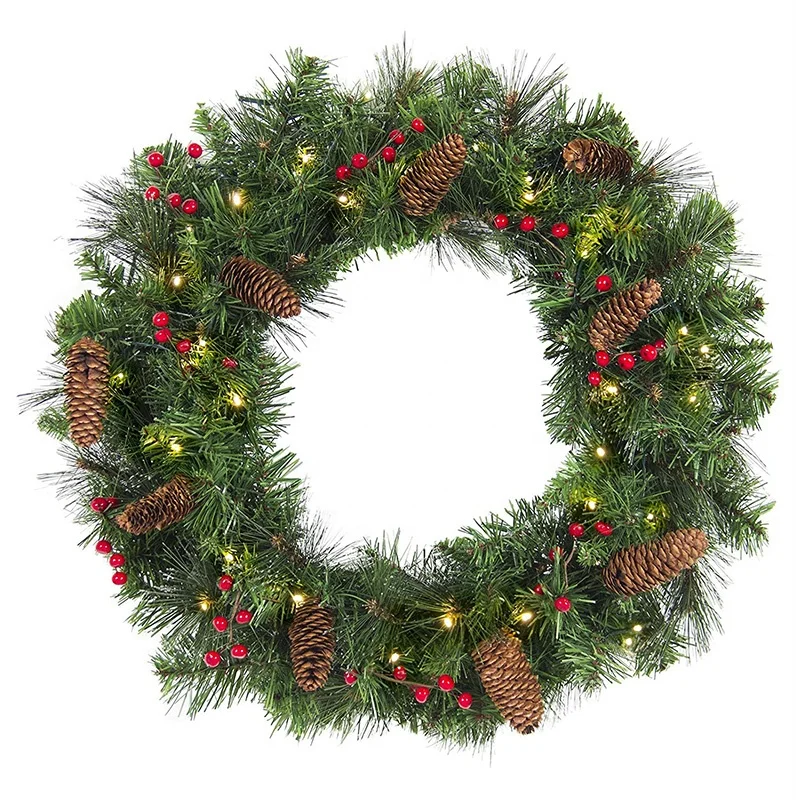 Cheap plastic pine cone Red Berry indoor hanging pvc decoration christmas wreath with ornaments
