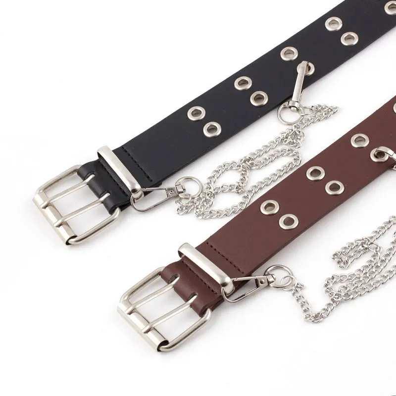 Double Pin Belt Buckle Women Designer Leather Belt With Chain PU Grommet Waist For Punk