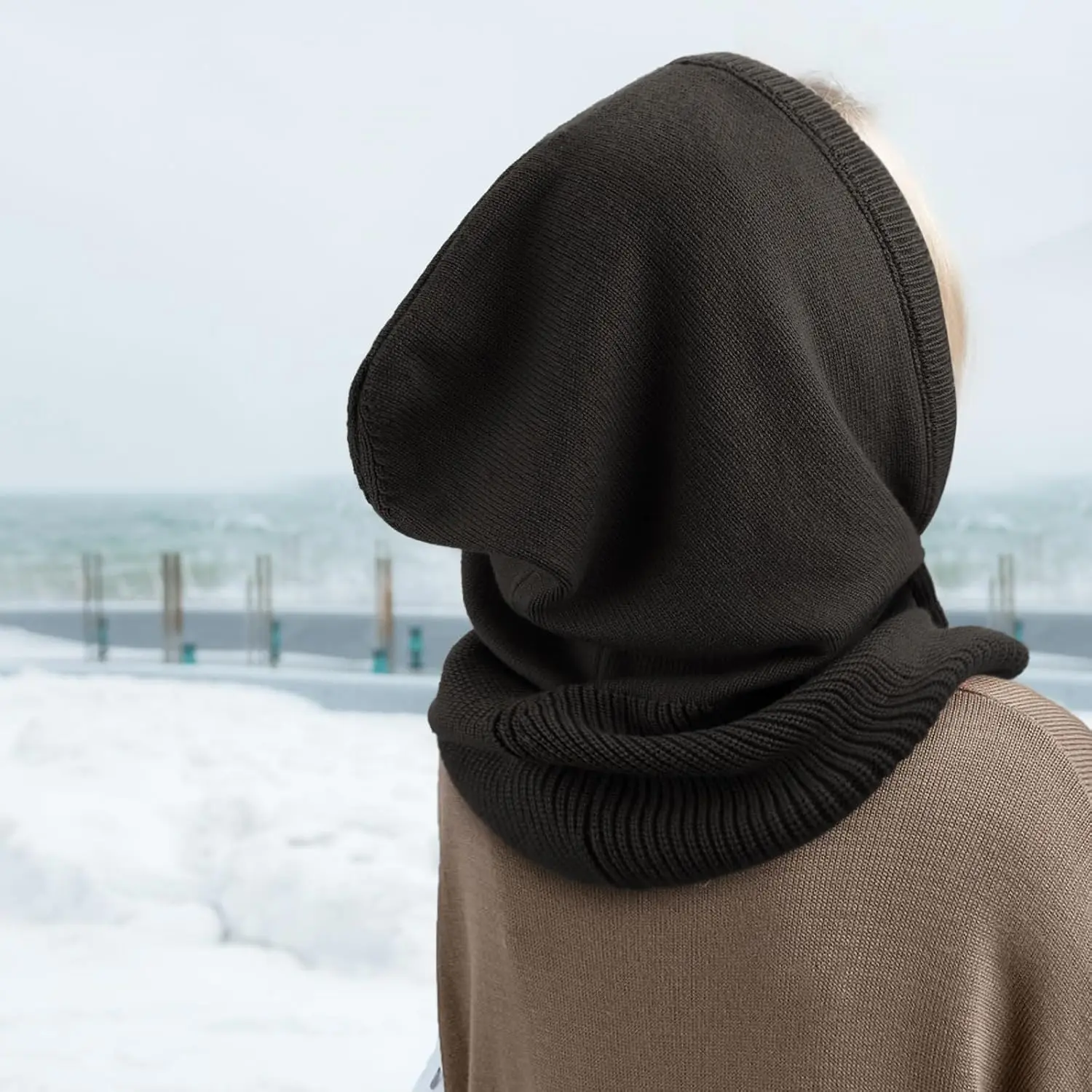 Winter Warm Hooded Scarf Hat Skull Cap Balaclava Knit Beanie Hat with Adjustable Drawstring