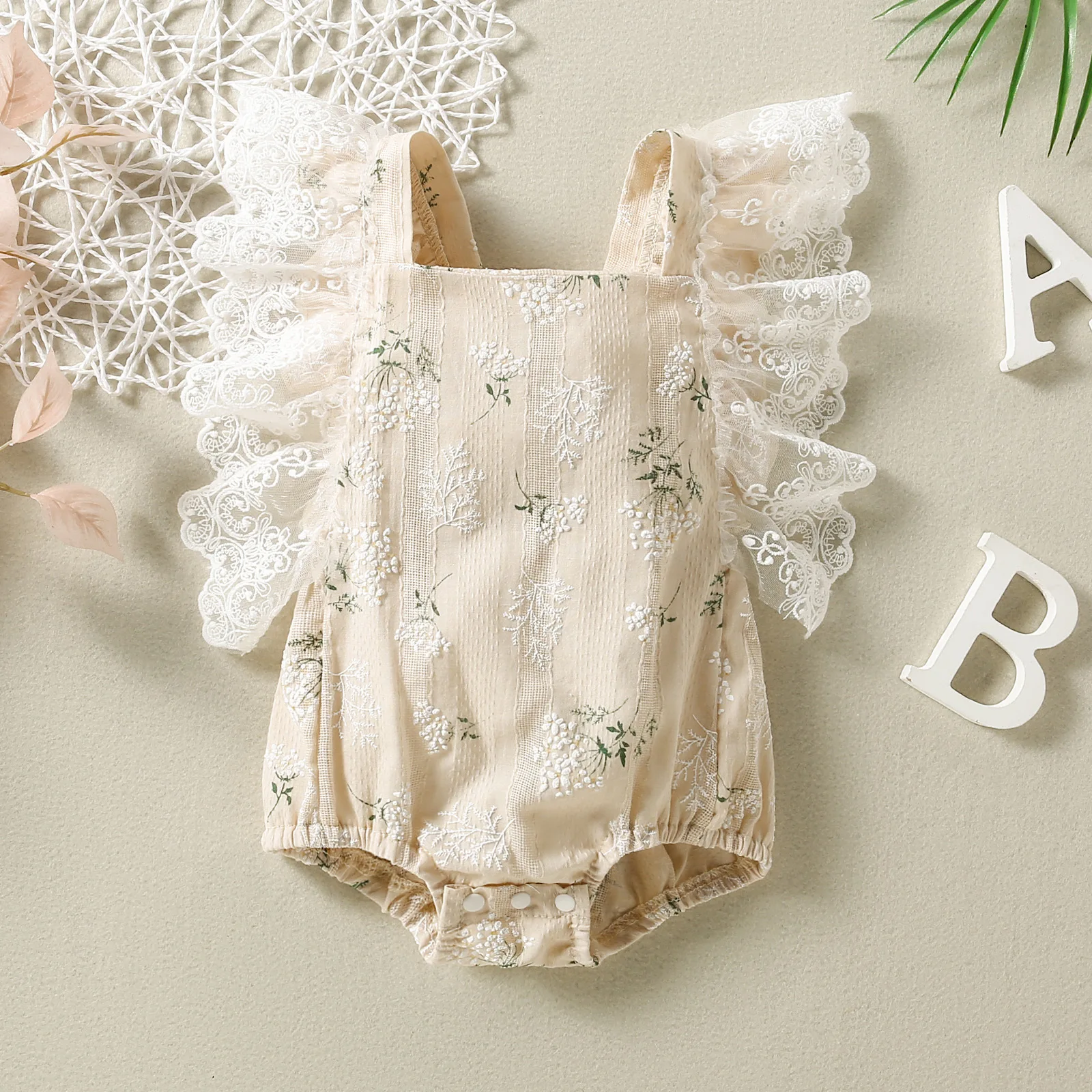 Luxury Printed Lace Trim Sleeveless Romper Baby Girl Clothes 3 To 6 Months Children Girls Summer Clothing