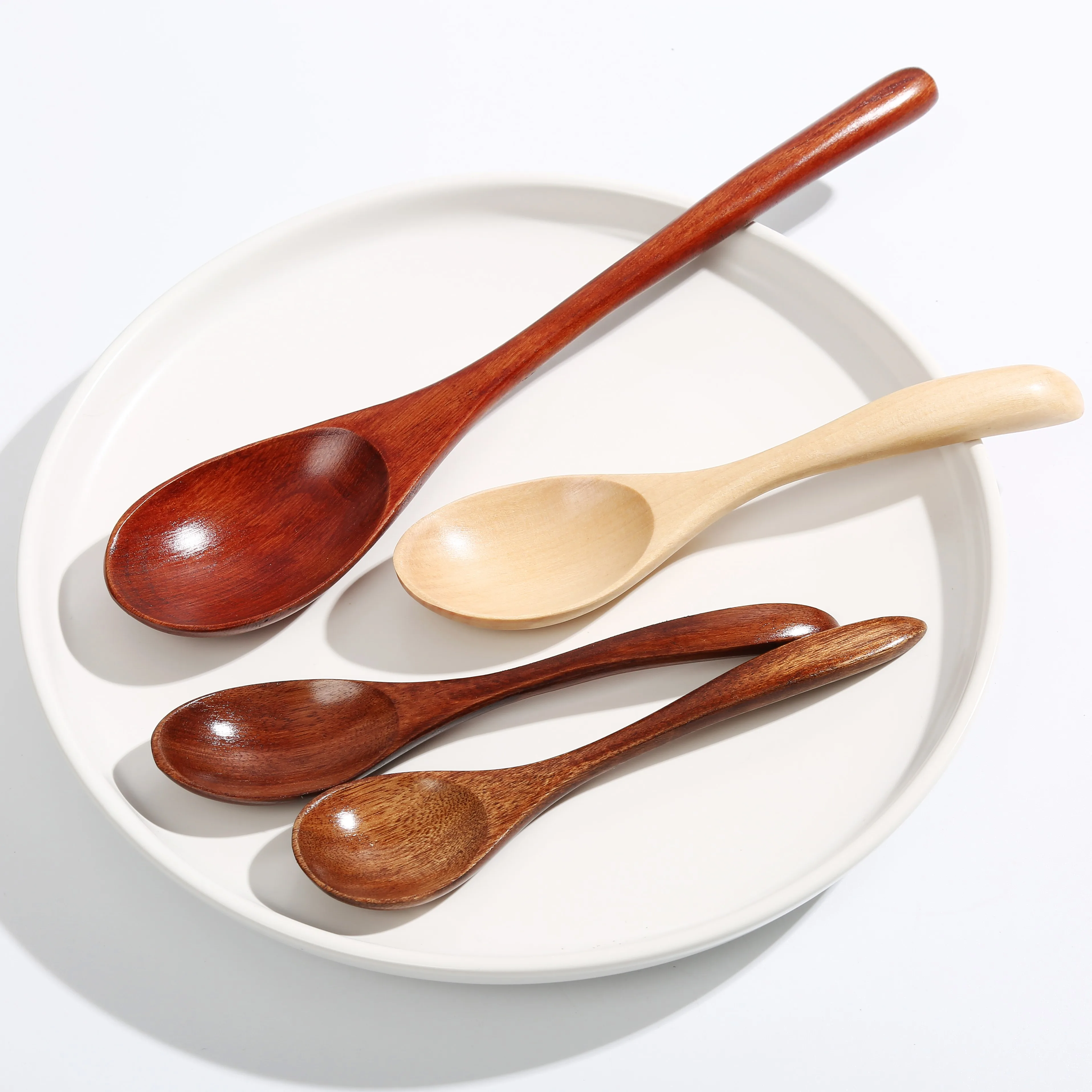 OEM Newest design eco friendly Curved handle nanmu products mini dessert tea coffee stir wooden spoon