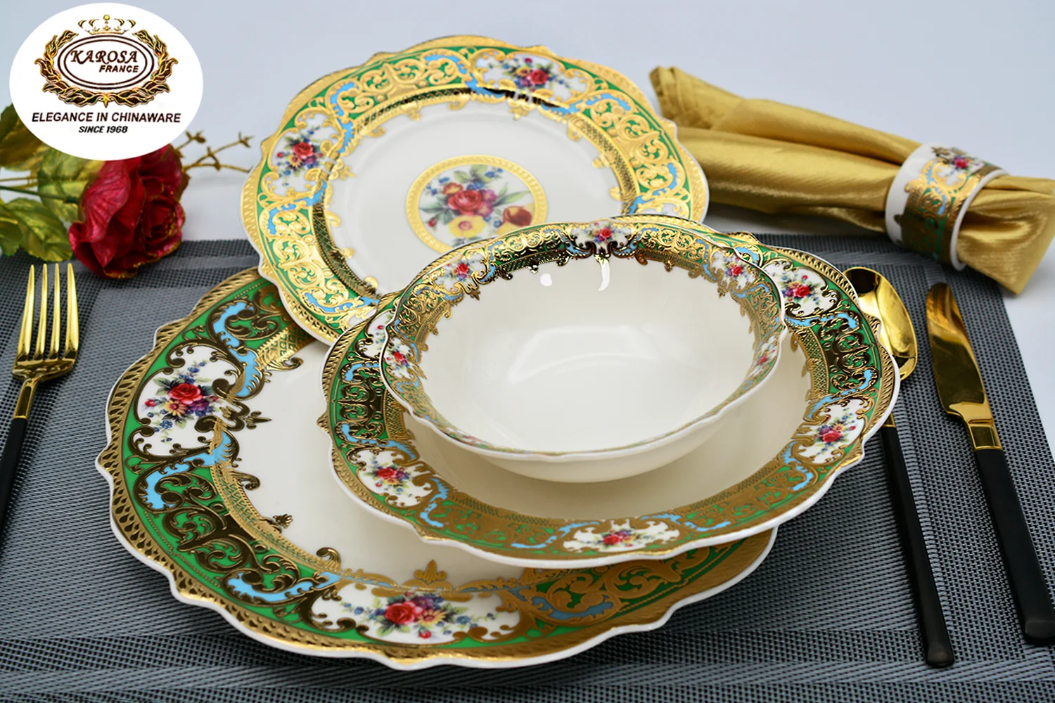 karosa 24pcs tableware including plates and bowls colorful festival golden bone china luxury dinner sets