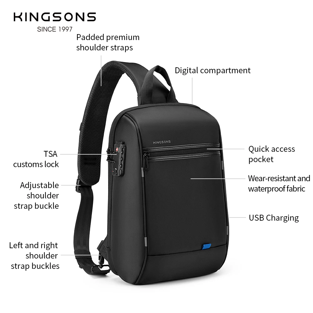 Kingsons Anti-Theft Backpack 13.3 Inch Large Capacity Waterproof Sling Shoulder Bag Chest Bag With TSA lock