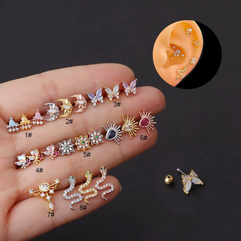 New 20G stainless steel thin rod colorful zircon bone Japanese Korean fashion puncture ear ring